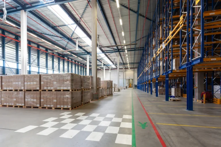 Vista de um galpão de armazenamento com mercadorias e empilhadeiras